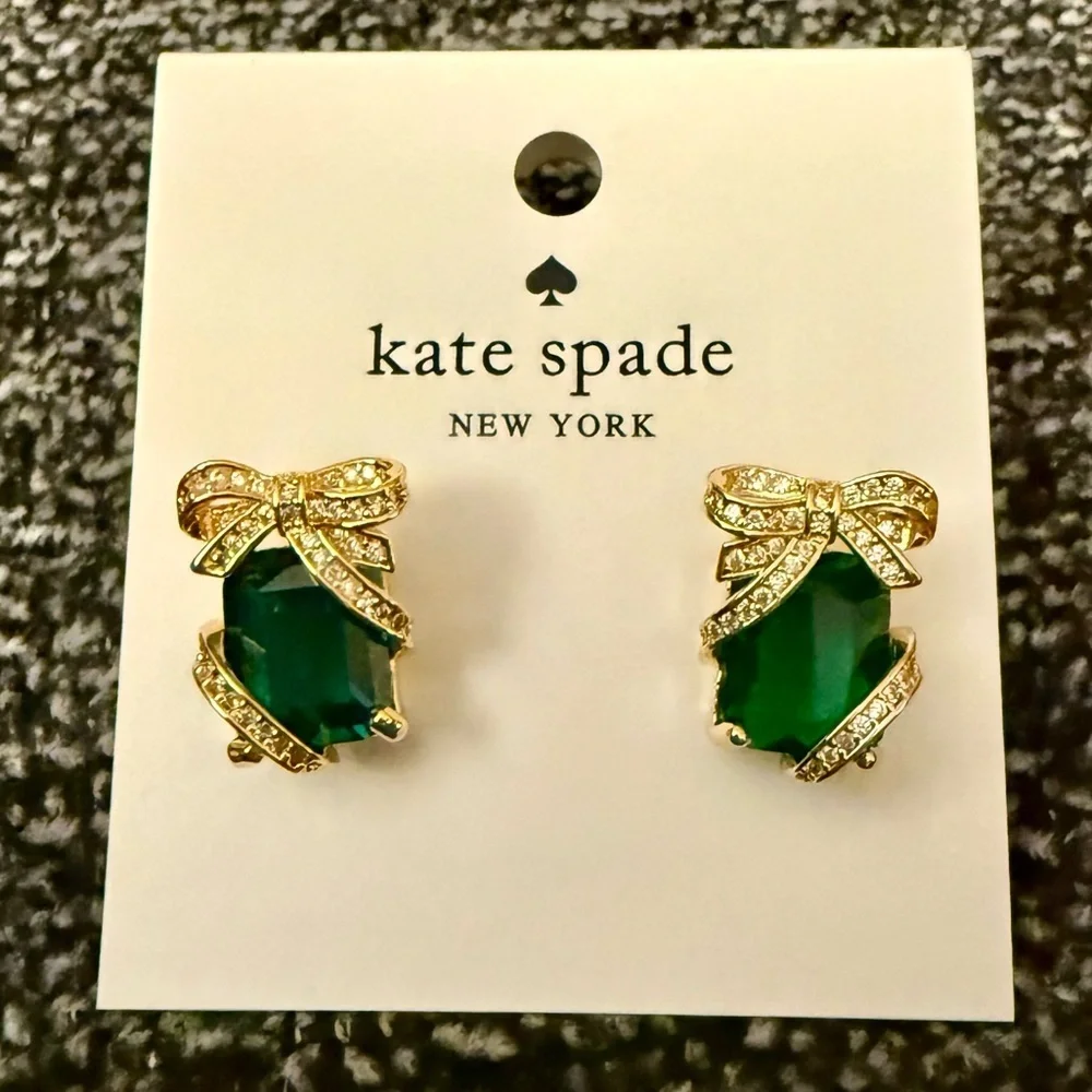 Authentic Kate Spade Emerald Green Crystal Bow Stud Earrings - NWT